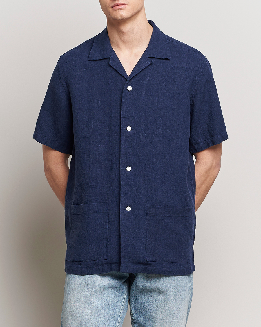Homme | Casual | Kamakura Shirts | Vintage Ivy Heavy Linen Beach Shirt Navy