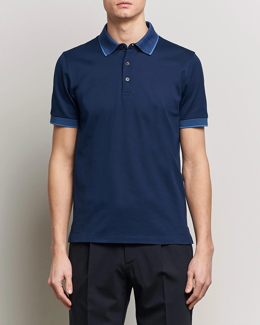 Homme |  | Canali | Contrast Collar Short Sleeve Polo Dark Blue