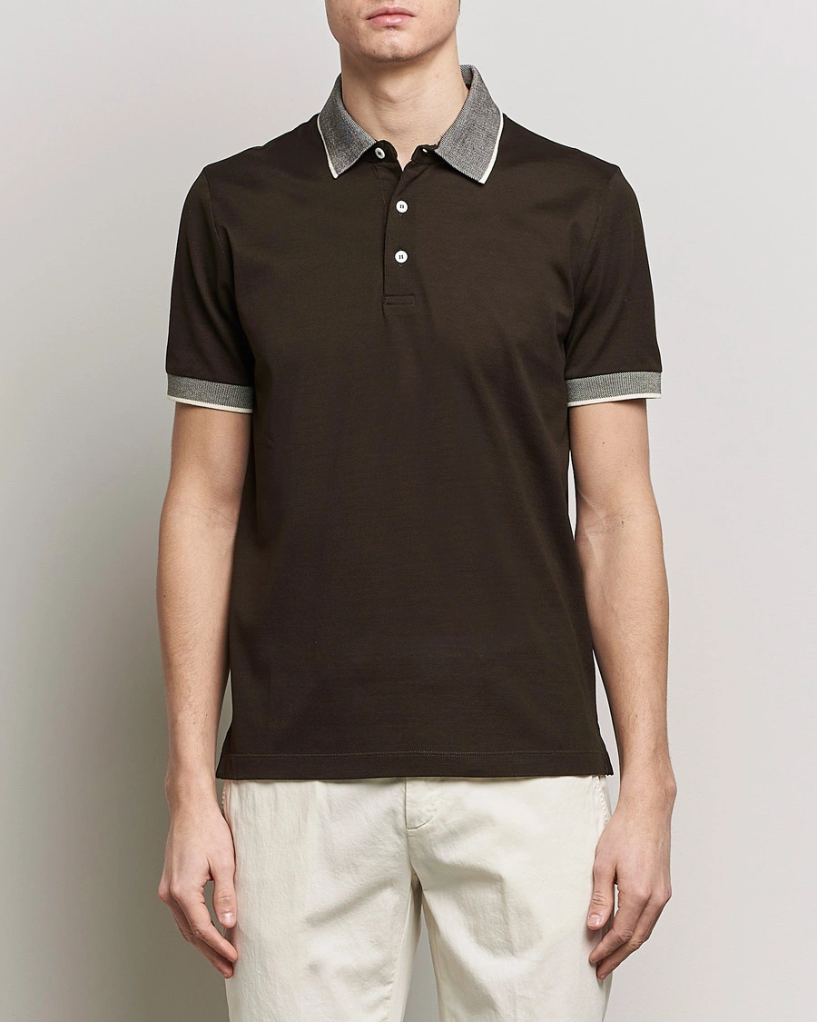 Homme | Italian Department | Canali | Contrast Collar Short Sleeve Polo Dark Brown