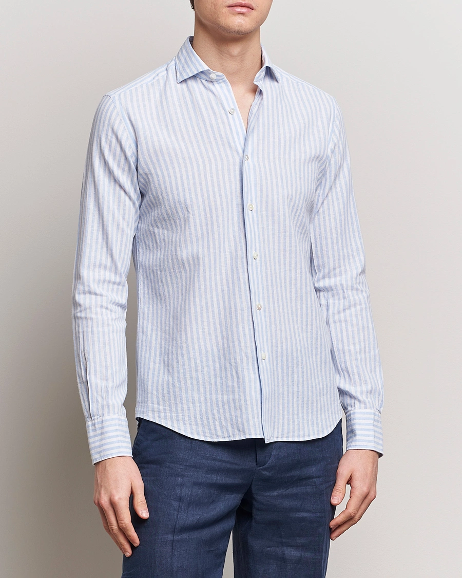 Homme |  | Grigio | Washed Linen Shirt Light Blue Stripe