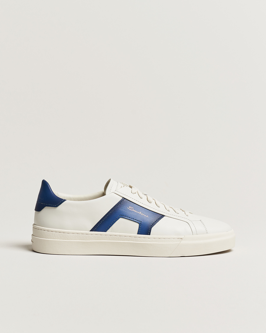 Homme | Santoni Double Buckle Sneakers White/Navy | Santoni | Double Buckle Sneakers White/Navy
