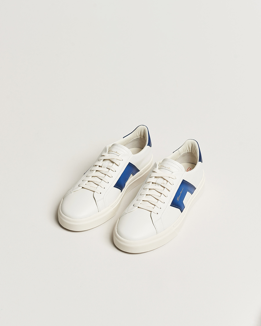 Homme | Santoni Double Buckle Sneakers White/Navy | Santoni | Double Buckle Sneakers White/Navy