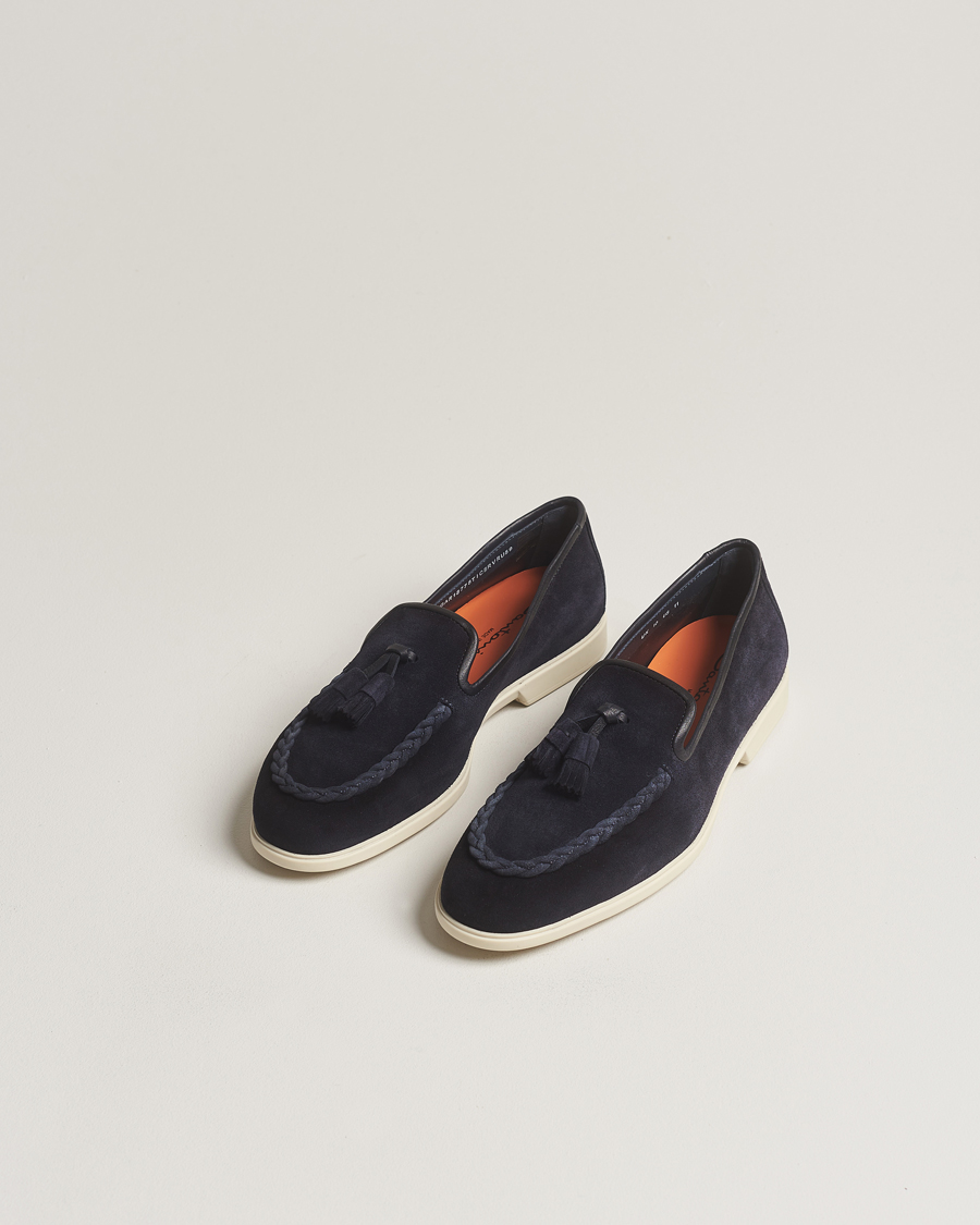 Homme | Santoni Summer Tassel Loafers Navy Suede | Santoni | Summer Tassel Loafers Navy Suede
