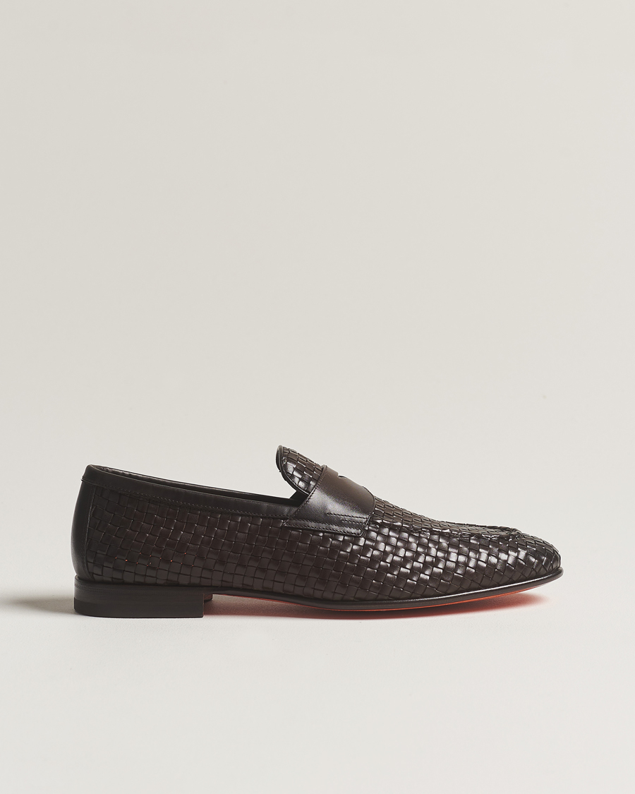 Homme | Santoni Braided Penny Loafers Dark Brown Calf | Santoni | Braided Penny Loafers Dark Brown Calf