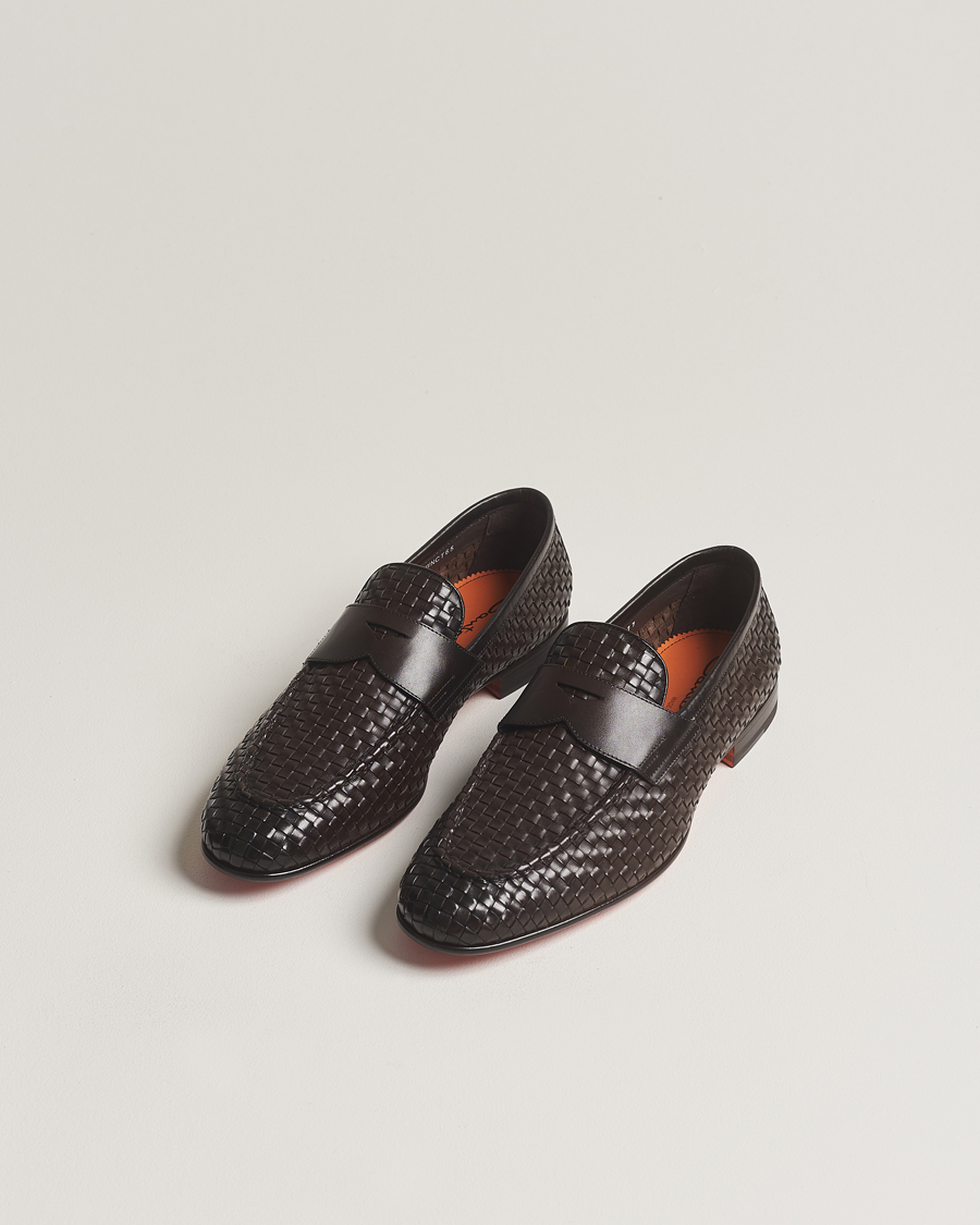 Homme | Santoni Braided Penny Loafers Dark Brown Calf | Santoni | Braided Penny Loafers Dark Brown Calf