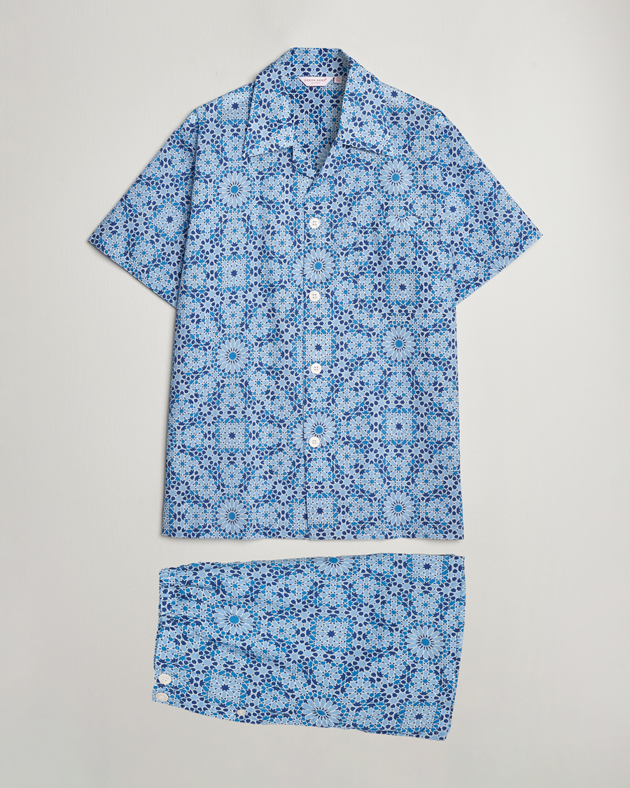 Homme | Peignoirs Et Pyjamas | Derek Rose | Shortie Printed Cotton Pyjama Set Blue