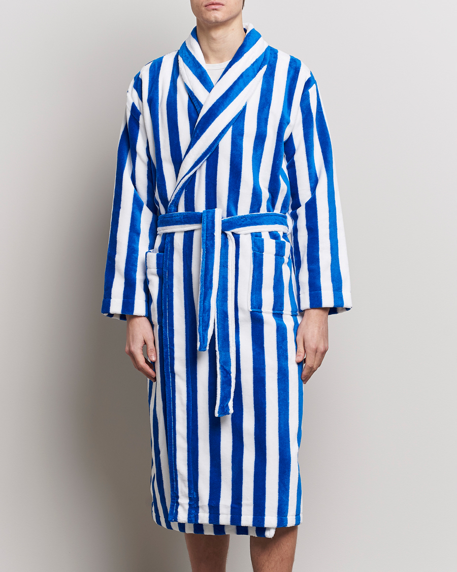 Homme | Loungewear | Derek Rose | Cotton Velour Striped Gown Blue/White