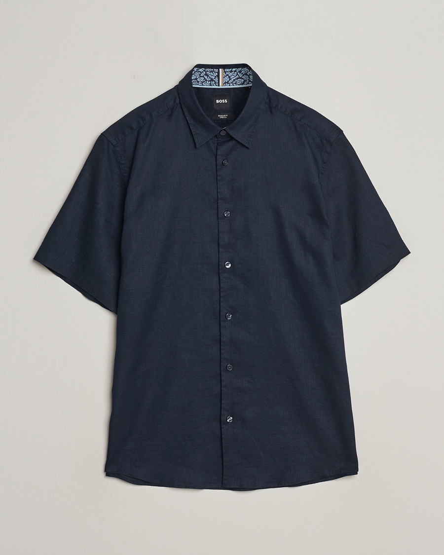 Homme | Chemises | BOSS BLACK | Liam Short Sleeve Linen Shirt Dark Blue