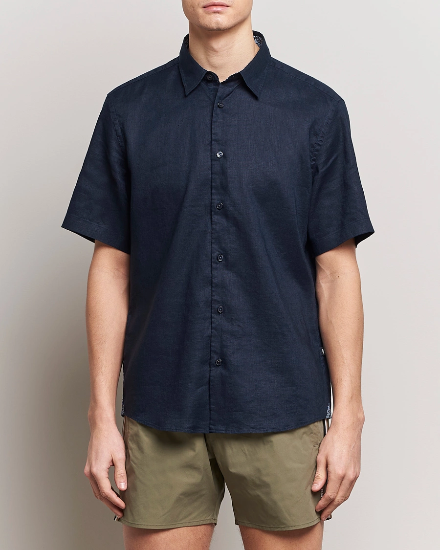 Homme | Chemises À Manches Courtes | BOSS BLACK | Liam Short Sleeve Linen Shirt Dark Blue