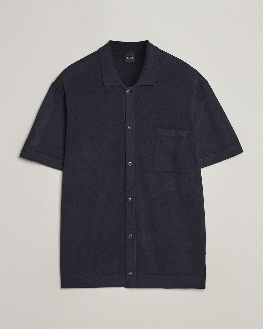 Homme | Chemises | BOSS ORANGE | Kamiccio Knitted Short Sleeve Shirt Dark Blue