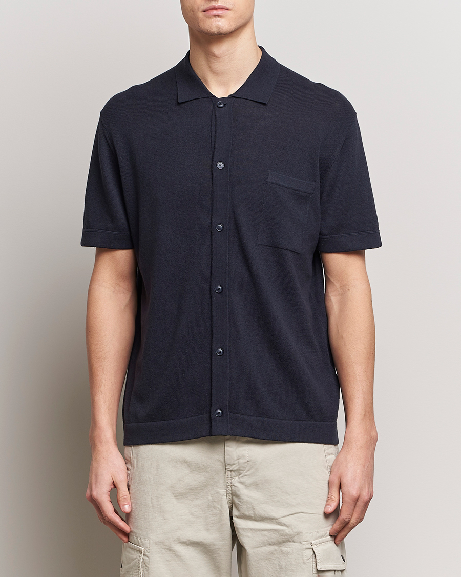 Homme | Chemises | BOSS ORANGE | Kamiccio Knitted Short Sleeve Shirt Dark Blue