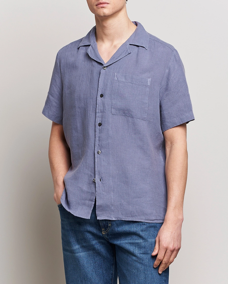 Homme | Chemises À Manches Courtes | HUGO | Ellino Short Sleeve Linen Shirt Open Blue