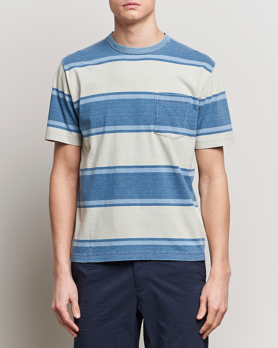 Homme | T-shirts | BEAMS PLUS | Indigo Dyed Striped T-Shirt Sax Blue