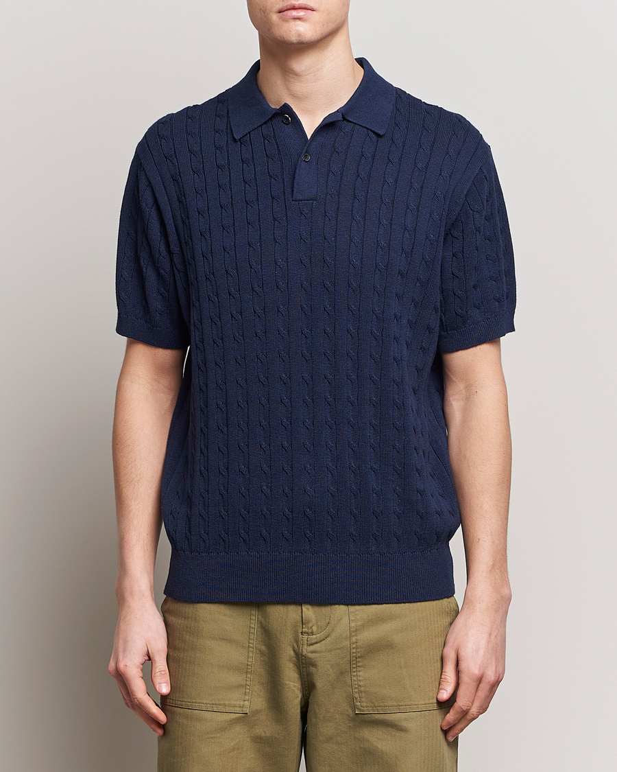 Homme | Polos | BEAMS PLUS | Cable Knit Short Sleeve Polo Navy