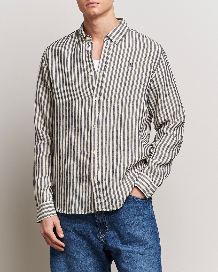 Homme |  | LES DEUX | Kristian Striped Linen Button Down Shirt Ivory/Navy
