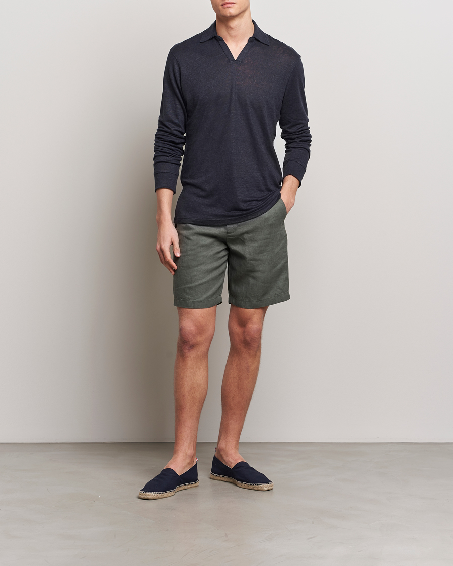 Homme | Pulls Et Tricots | Orlebar Brown | Felix Long Sleeve Slub Linen Polo Night Iris