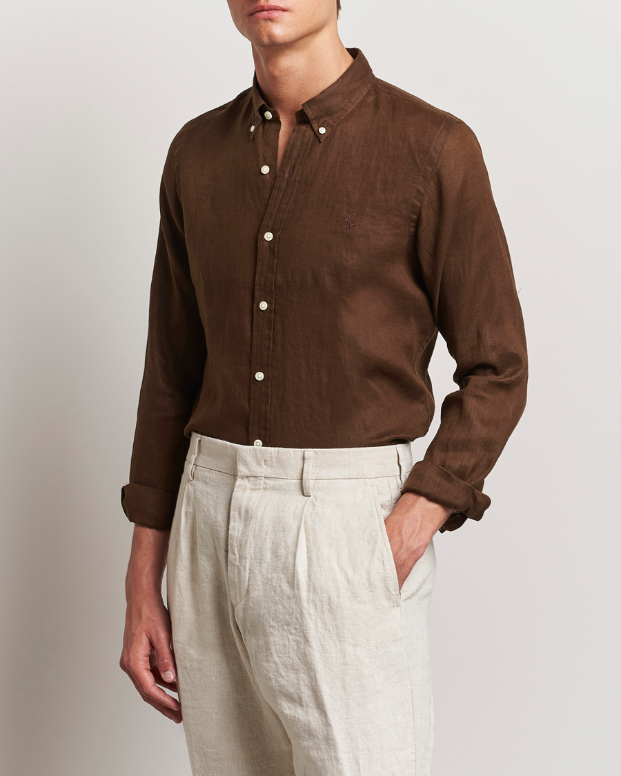 Homme |  | Polo Ralph Lauren | Slim Fit Linen Button Down Shirt Chocolate Mousse