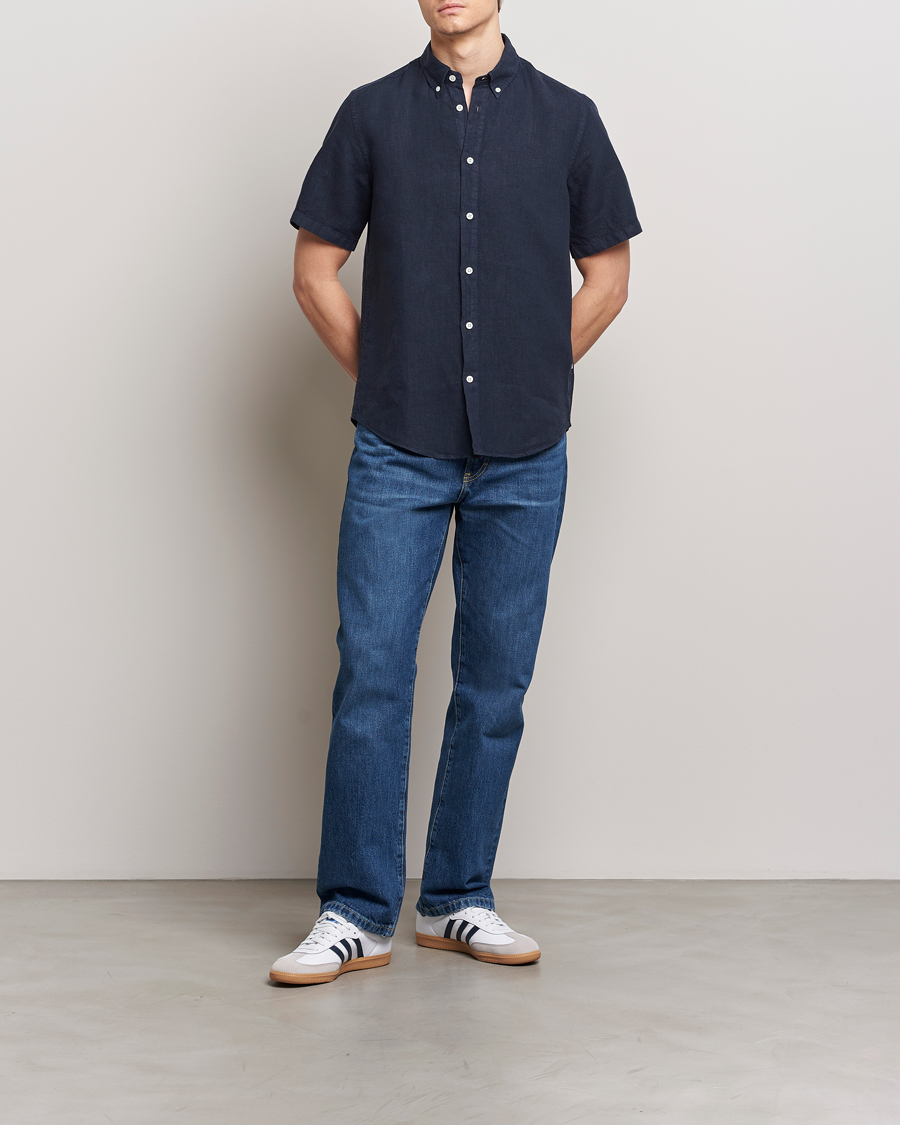 Homme | Chemises | NN07 | Arne Linen Short Sleeve Shirt Navy Blue