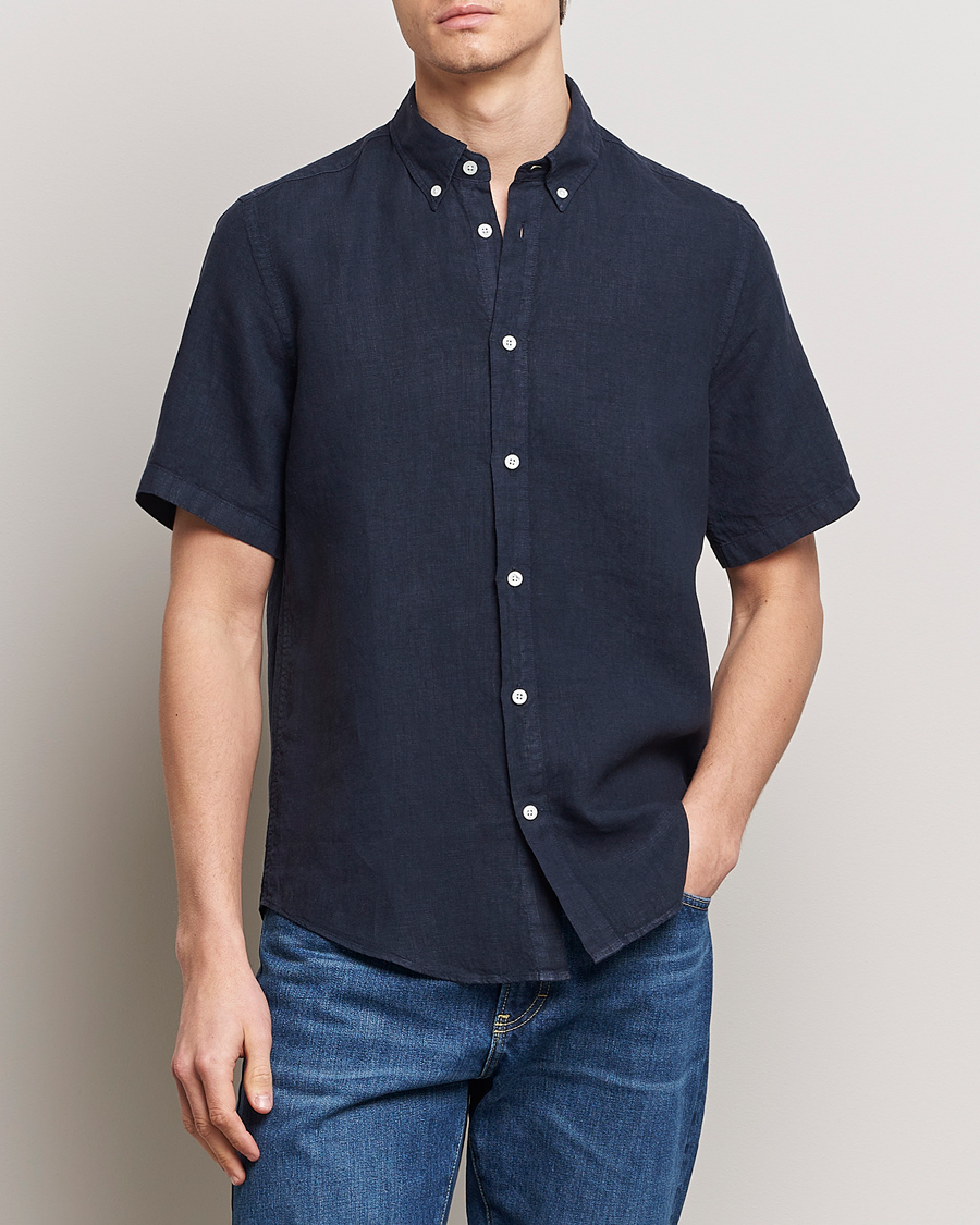 Homme | Nouveautés | NN07 | Arne Linen Short Sleeve Shirt Navy Blue