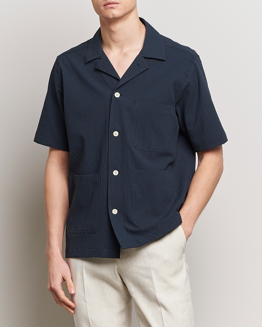 Homme | Chemises À Manches Courtes | Oscar Jacobson | Hanks Reg Seersucker Shirt Navy