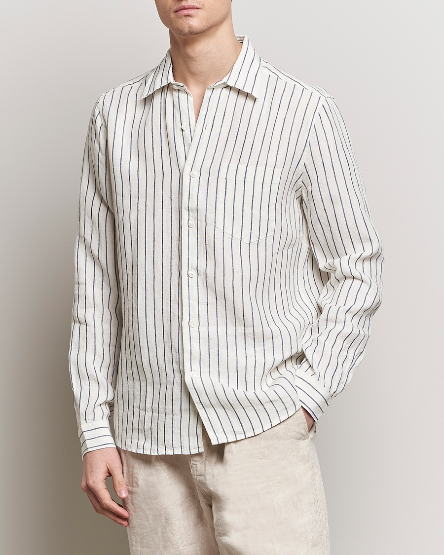 Homme | Chemises | A Day's March | Abu Striped Linen Shirt White/Navy