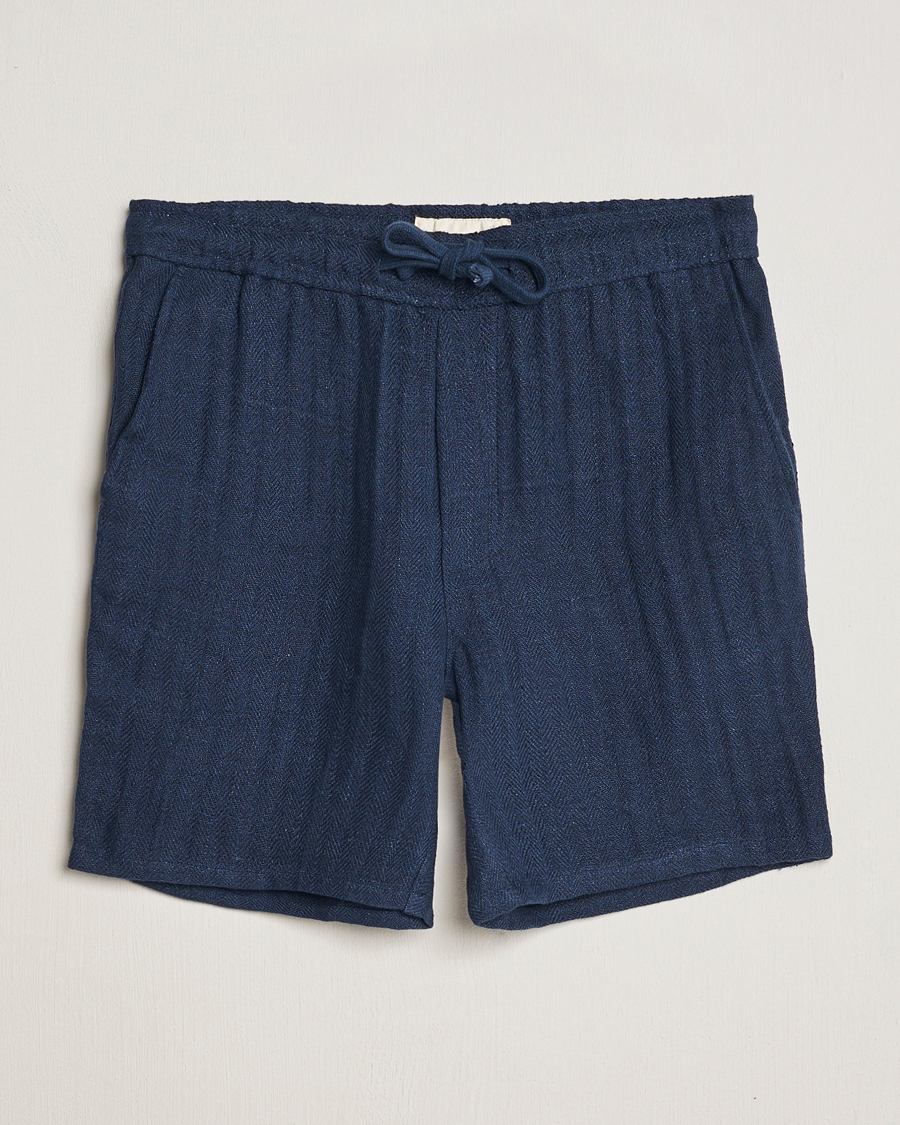Homme | Shorts | A Day's March | Ipu Herringbone Linen Drawstring Shorts Indigo Blue