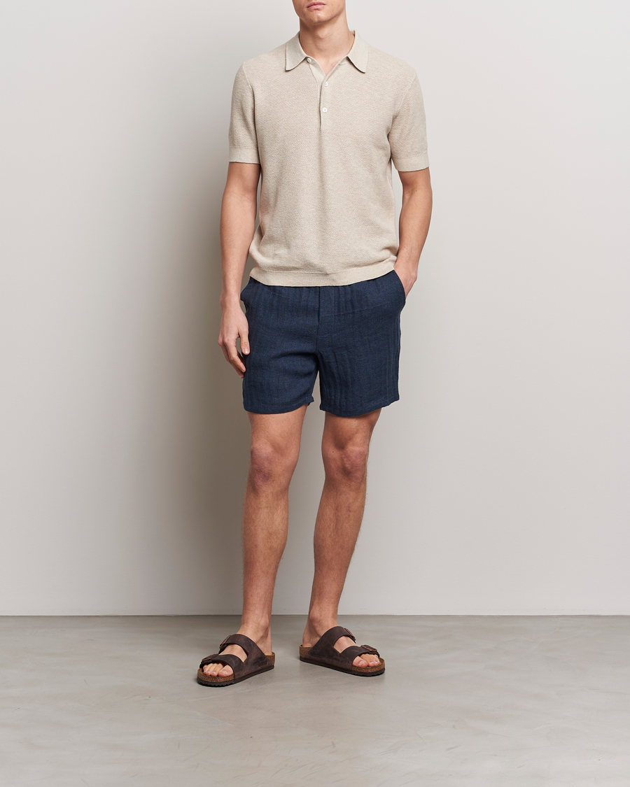 Homme | Shorts | A Day's March | Ipu Herringbone Linen Drawstring Shorts Indigo Blue