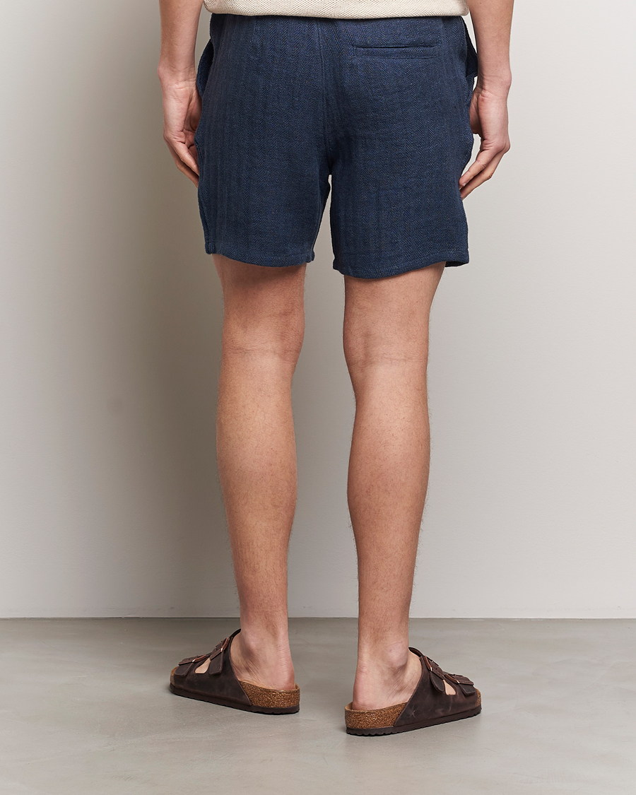 Homme | Shorts | A Day's March | Ipu Herringbone Linen Drawstring Shorts Indigo Blue