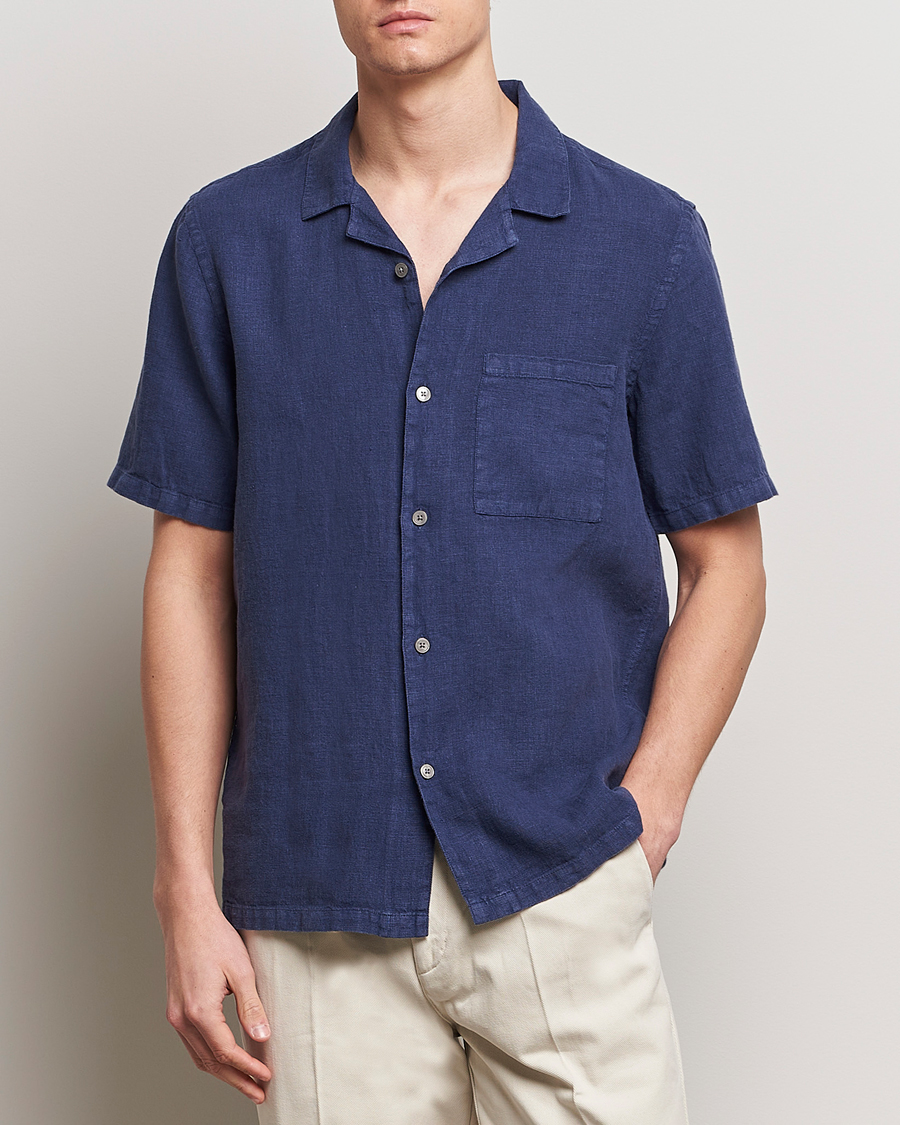 Homme |  | A Day\'s March | Yamu Short Sleeve Linen Shirt Brewers Blue