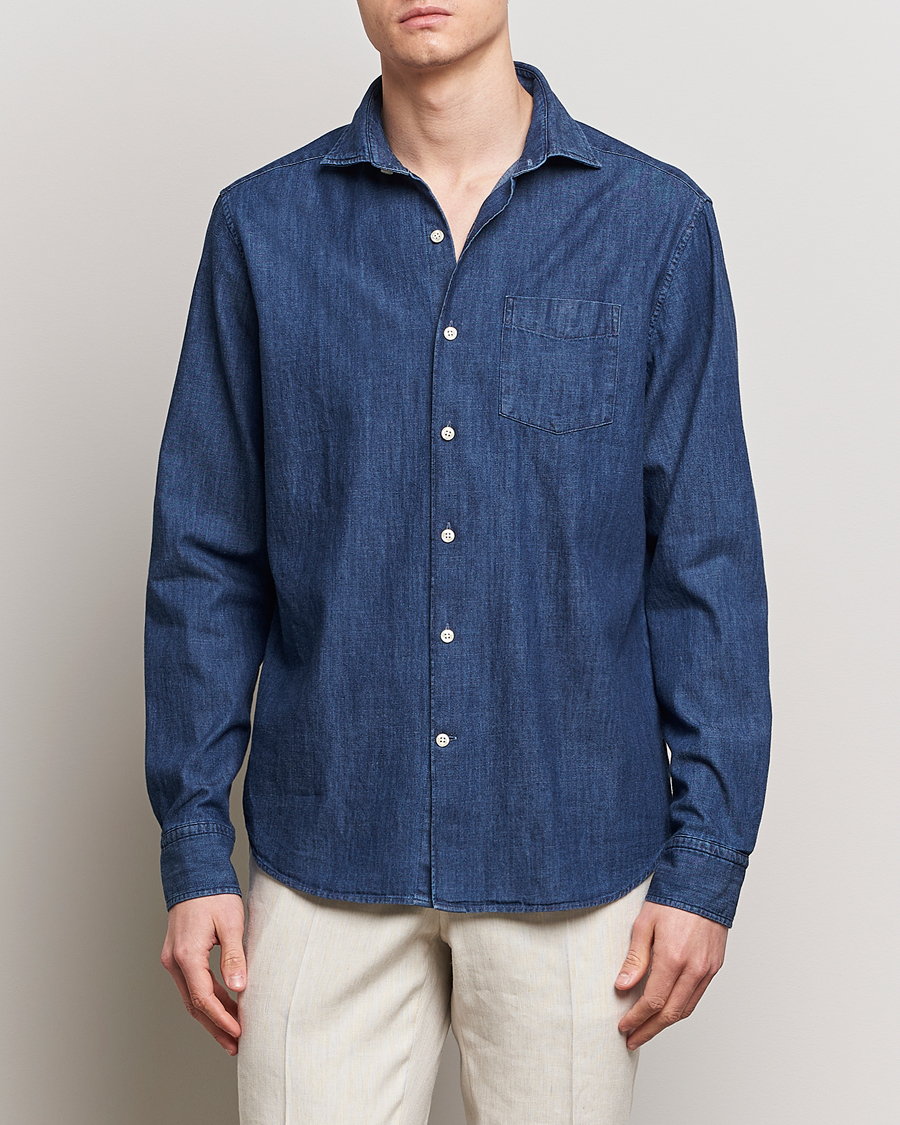 Men | Denim Shirts | Oscar Jacobson | Reg Fit Wide Spread C Dark Indigo Midnight Blue