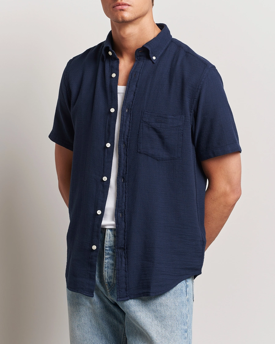 Homme |  | GANT | Cotton/Linen Texture Short Sleeve Shirt Evening Blue