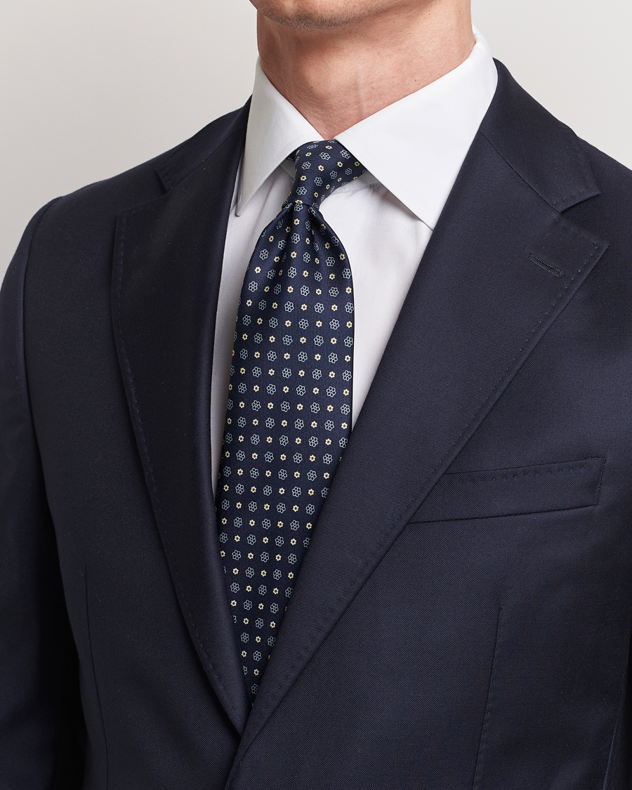 Homme | E. Marinella 3-Fold Printed Silk Tie Navy | E. Marinella | 3-Fold Printed Silk Tie Navy