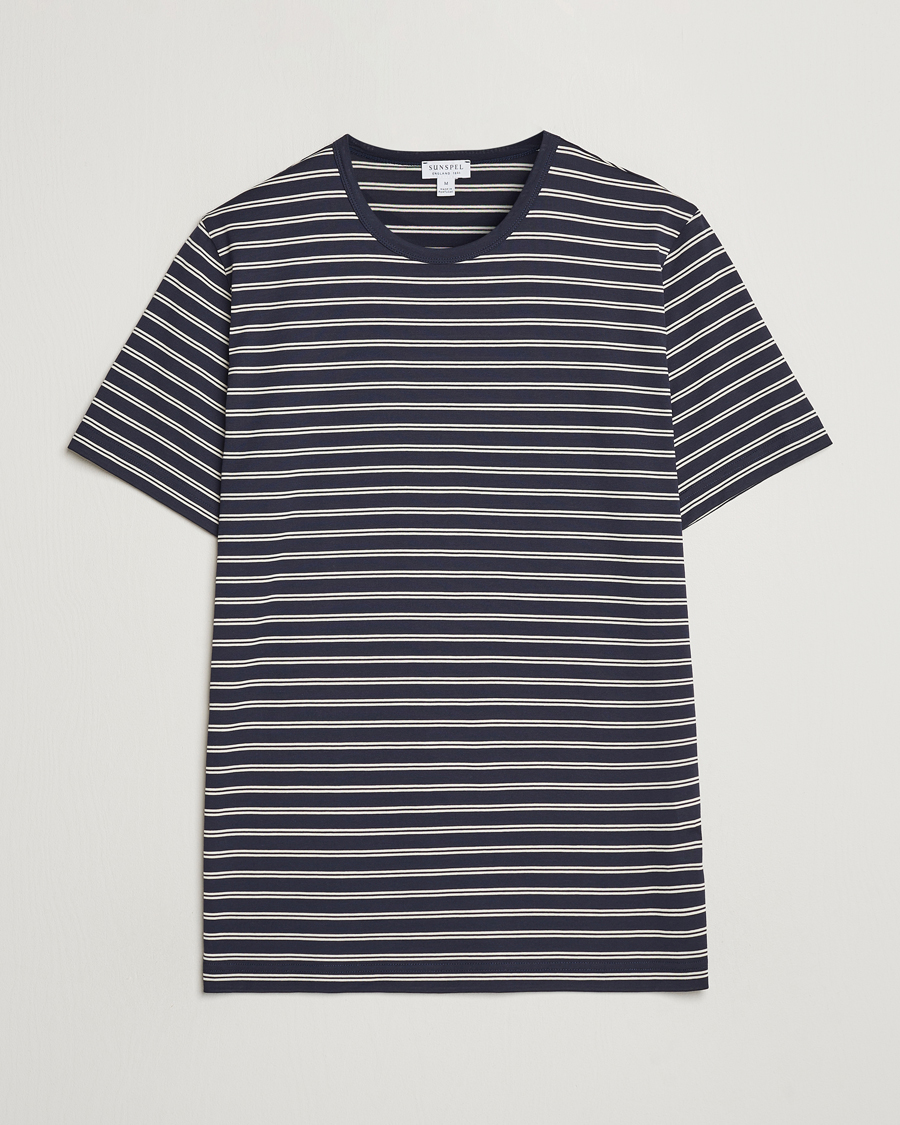 Homme | T-shirts | Sunspel | Striped Crew Neck Cotton Tee Navy/Ecru