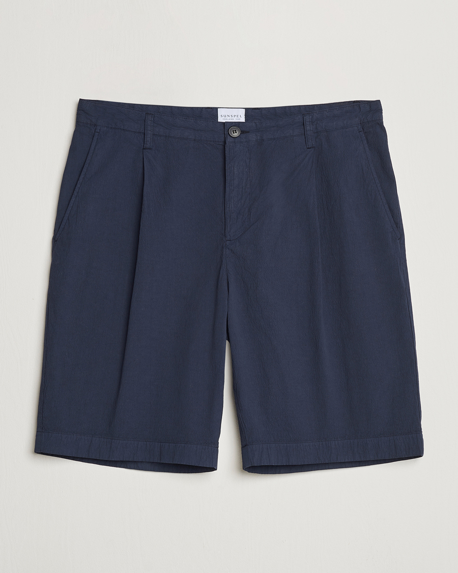 Homme | Shorts | Sunspel | Lightweight Seersucker Shorts Navy