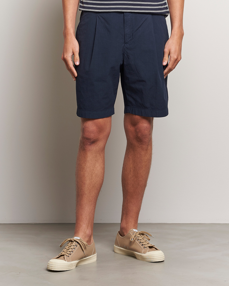Homme | Shorts | Sunspel | Lightweight Seersucker Shorts Navy