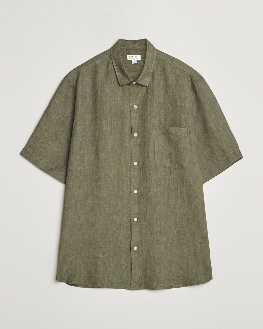 Homme | Chemises | Sunspel | Short Sleeved Linen Shirt Khaki