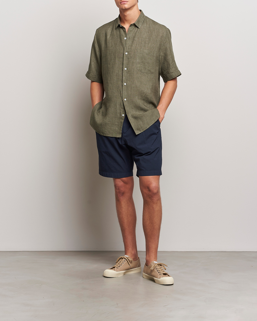 Homme | Chemises | Sunspel | Short Sleeved Linen Shirt Khaki