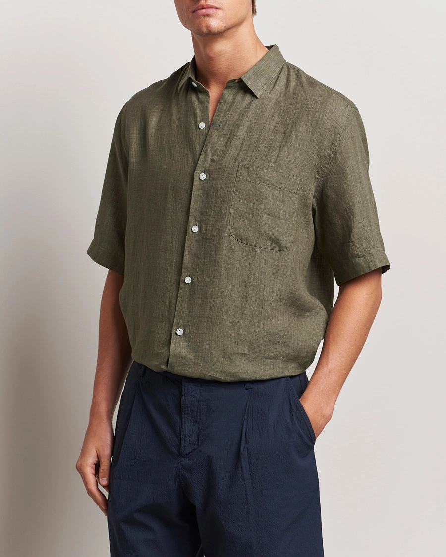 Homme |  | Sunspel | Short Sleeved Linen Shirt Khaki