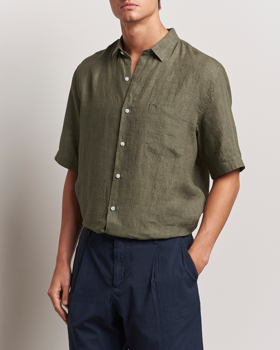 Homme | Chemises | Sunspel | Short Sleeved Linen Shirt Khaki