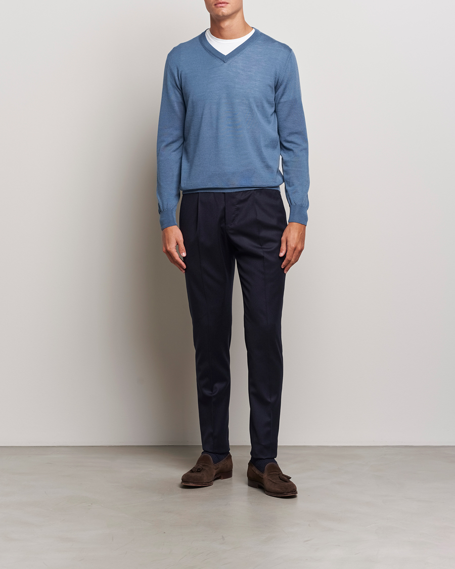 Homme | Pulls Et Tricots | Canali | Merino Wool V-Neck Light Blue