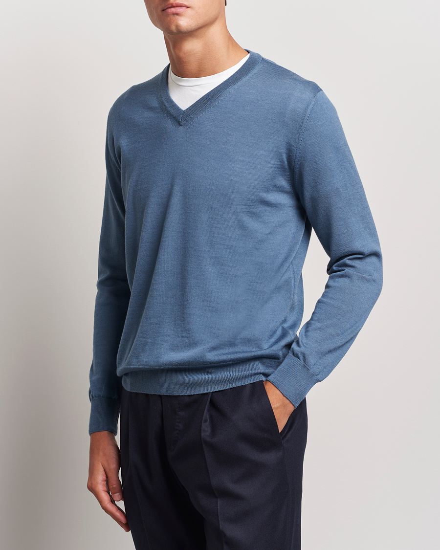 Homme | Pulls Et Tricots | Canali | Merino Wool V-Neck Light Blue