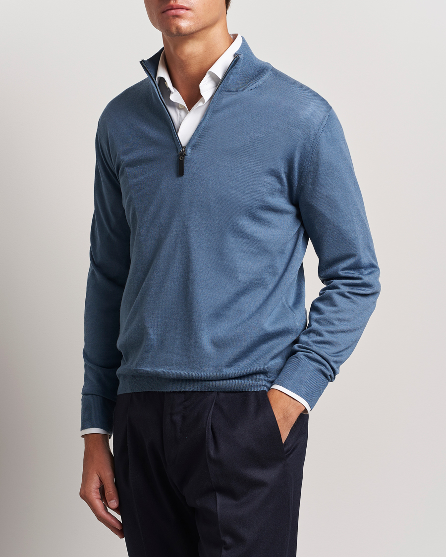 Homme | Pulls Et Tricots | Canali | Merino Wool Half Zip Light Blue