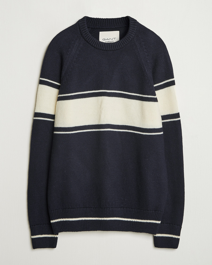 Homme | Pulls Et Tricots | GANT 240 Mulberry Street | Striped Wool Knitted Crew Neck Classic Blue