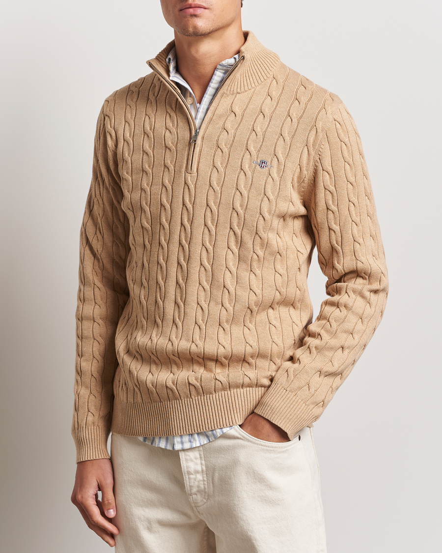Homme | Pulls Et Tricots | GANT | Cotton Cable Half Zip Khaki Melange