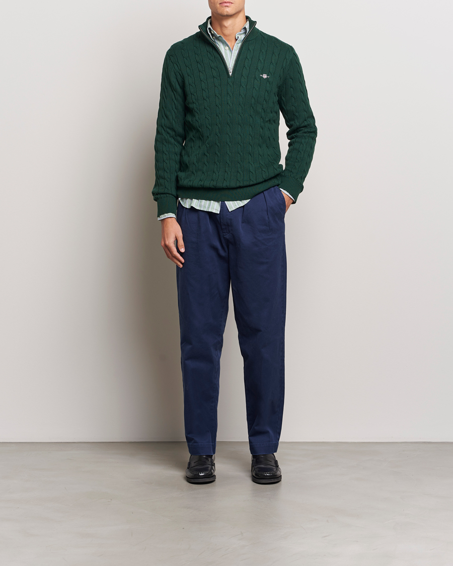 Homme | Pulls Et Tricots | GANT | Cotton Cable Half Zip Tartan Green