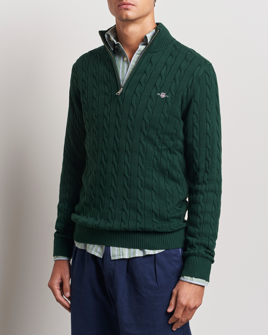 Homme | Pulls Et Tricots | GANT | Cotton Cable Half Zip Tartan Green