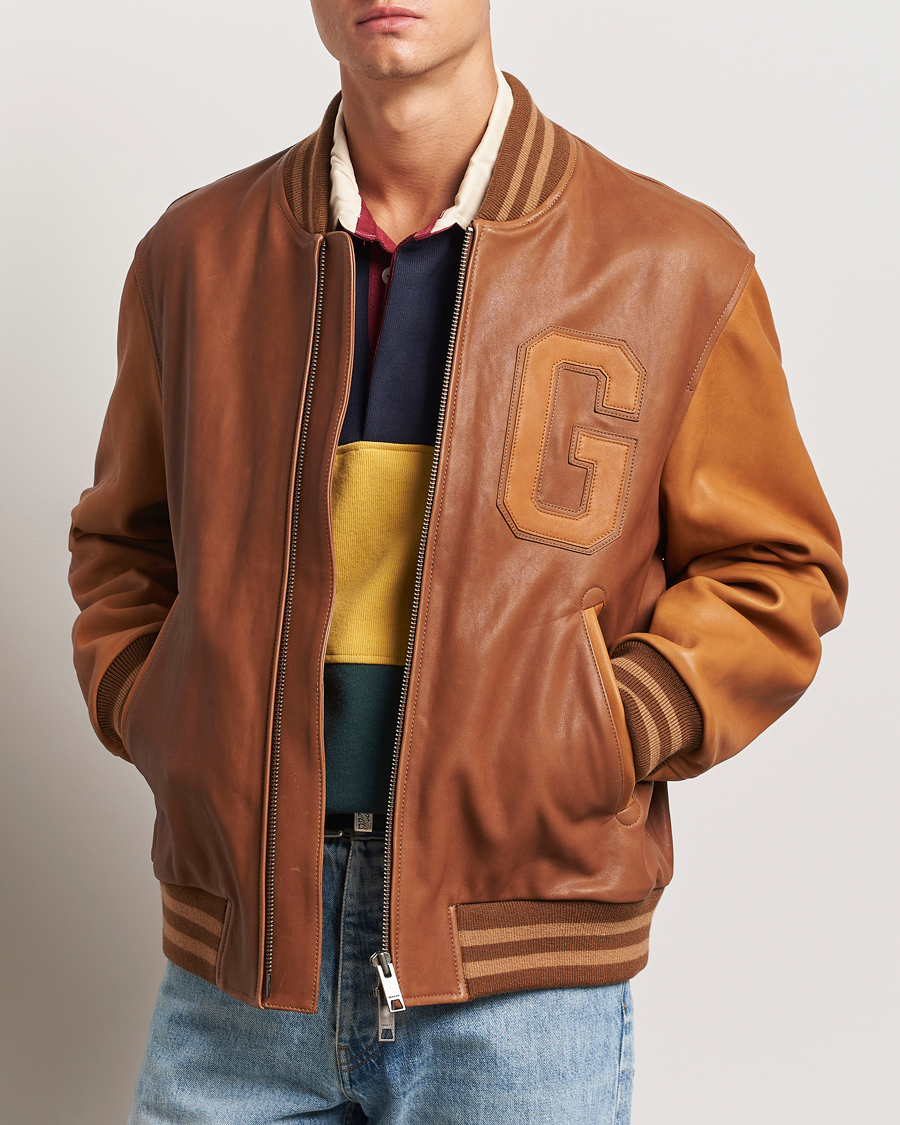 Homme | Manteaux Et Vestes | GANT | Leather Varsity Jacket Brown Sugar