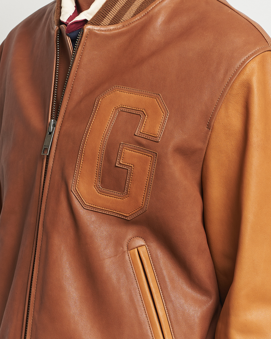 Homme | Manteaux Et Vestes | GANT | Leather Varsity Jacket Brown Sugar