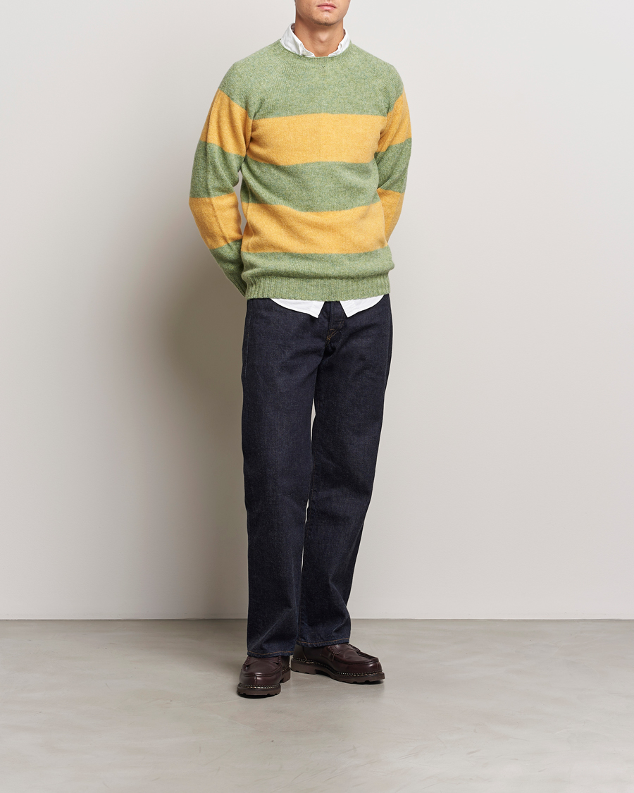 Homme | Pulls Et Tricots | Harley Of Scotland | Block Stripe Lambswool Crewneck Yellow/Green