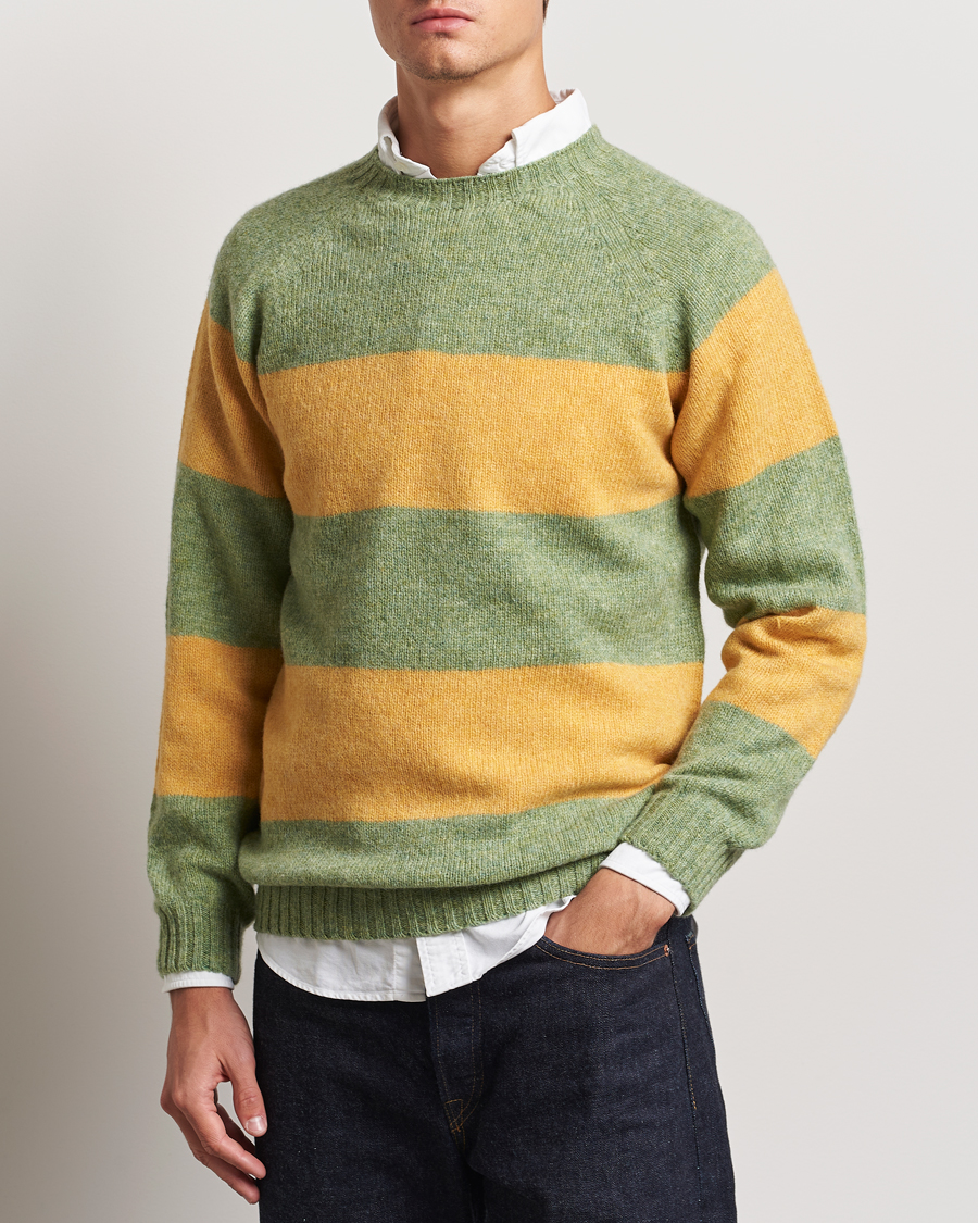Homme | Pulls Et Tricots | Harley Of Scotland | Block Stripe Lambswool Crewneck Yellow/Green